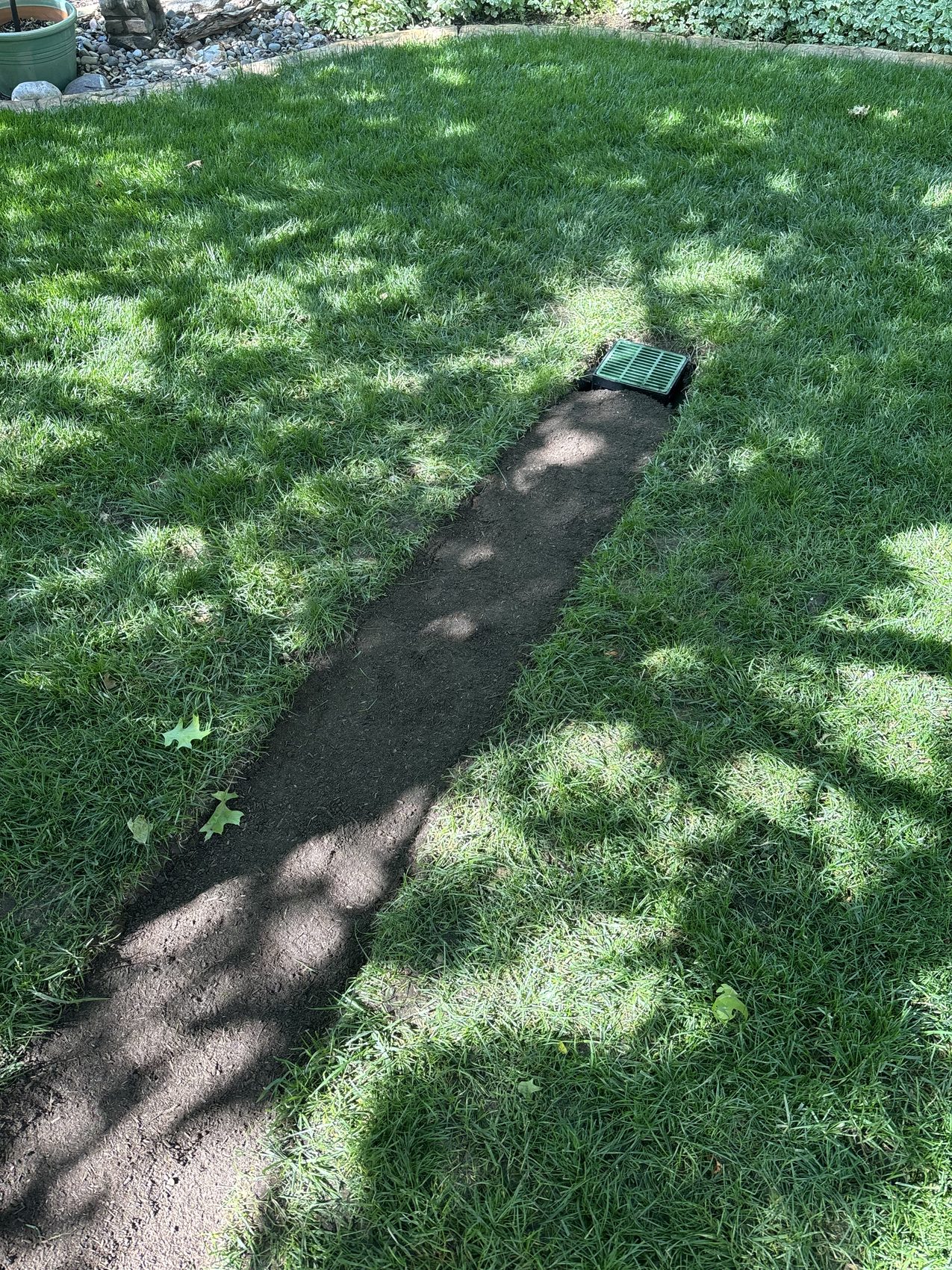 Buried downspout line with a pop-up emitter in a lawn